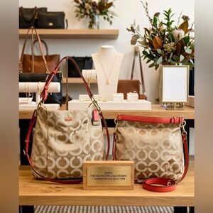 Coach Beige Signature C Jacquard Hobo bag with Red Orange Trim Serial J1276